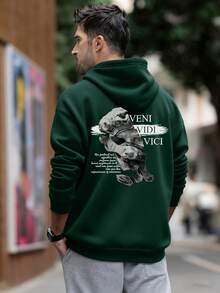 Áo nỉ có mũ trùm đầu lót nhiệt in hình chân dung cỡ lớn dành cho nam, phong cách đường phố cho mùa thu/đông - màu xanh lá - Xem 2