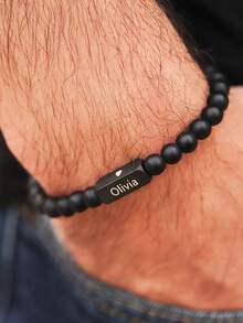 Customized Black Beaded Bracelet, Elastic Beaded Bracelet, Personalized Engraved Square Bead Bracelet, Men's Jewelry, Unique Birthday Gift - Multicolor - View 6