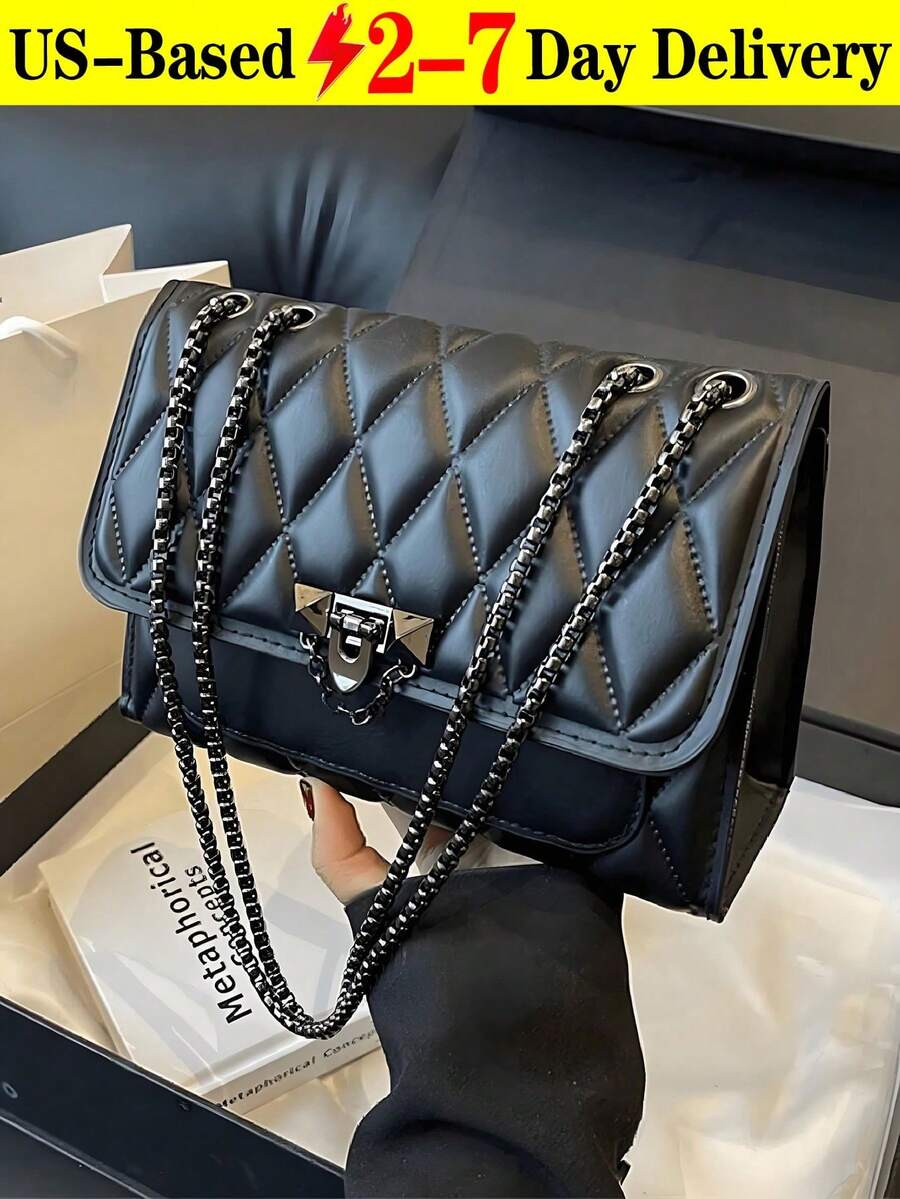 [US-Based Shipping]New High-Quality Fashionable Chic Shoulder Small Square Bag With Chain Strap Crossbody Bag, Casual PU Leather Solid Color Quilted Evening Bag, Lightweight Office Commuter Handbag & Purse, Outdoor Travel Vacation Mobile Phone Coin Wallet,Pumpkin,Autumn,Halloween,Fall,Christmas,Thanksgiving,Festival,Cyber Monday,Holiday,Gift,New Year,Snow,Winter,Warm,End-Of-Year,Party,Hand Bags For Women,Purses And Bags,Carteras Para Mujer,Handbags,Purse For Woman,Bags And Purses,Hand Bag,Women Purse,Big Purse,Cute Bags,Pink Purse,Shoulder Bags,Cartera Para Mujer Elegante - 黑色 - 查看 1