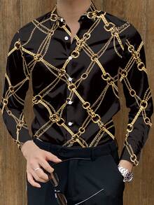 Spring & Autumn New Men's Fashion Gold Chain Print Lapel Slim Fit Long Sleeve Shirt - Soft & Stretchy Polyester Fabric, Casual & Sporty Loose Fit - Black - View 4