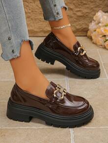女士厚底一脚蹬乐福鞋，纯色，朋克休闲学院风优雅金属色时尚百搭舒适鞋款，适合办公室穿着 - 咖啡棕 - 查看 1