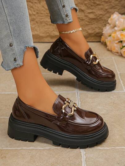 Women's Platform Slip-On Loafers, Solid Color, Punk Casual Preppy Elegant Metallic Fashion Versatile Comfortable Shoes, Office Wear