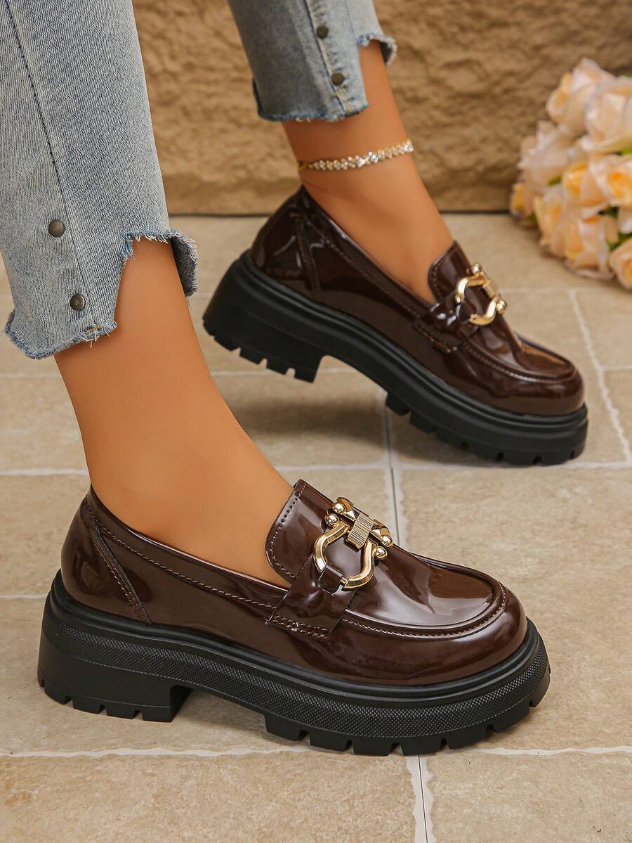 女士厚底一脚蹬乐福鞋，纯色，朋克休闲学院风优雅金属色时尚百搭舒适鞋款，适合办公室穿着 - 咖啡棕 - 查看 1