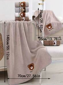 1 Set Skin-Friendly Soft Absorbent Towel, 35*75cm Hand Towel & 70*140cm Bath Towel, Unisex - Gray Bear Head - View 10