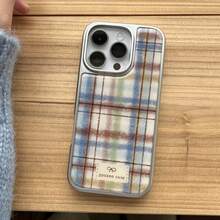 Retro Silver Edged Resin Plush Plaid Phone Case Compatible With Apple 17 Pro Max, 16 Pro Max, 15 Pro, 14, 13, Cute & Fashionable Phone Protective Cover For Girls - Multicolor - View 4