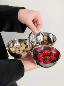 1pc Ins Style Stainless Steel Round Snack Plate, Multi-Compartment Living Room Fruit, Candy, Nut, Appetizer Serving Tray - Silver - View 11