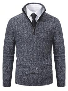 Men's Sweater Knitted Top Long-Sleeved Pullover Autumn And Winter Plus Velvet Thick Warm Sweater Zipper Half Cardigan No Hood Stand Collar Solid Color Home Clothes Casual Hiking Sports Wear - 深灰色 - 查看 2