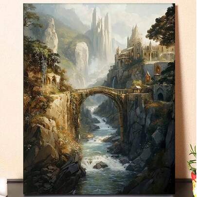 1pc Fantasy Castle Bridge River Mountain Landscape DIY Oil Painting By Numbers Canvas Painting DIY Crafts Adult Home Decoration 40x50cm/16x20inch, Holiday, Valentine's Day, Easter, Thanksgiving Gifts