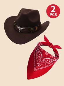 2pcs/Set Kids Western Cowboy Costume - Classic Rolled Brim Felt Cowboy Hat And Paisley Bandana, Suitable For 3-12 Years Old Boys & Girls, Cowgirl Hat With Bull Snap, For Rodeo, Halloween Costume And Cowboy Outfit - (Big Bull's Head) + Red Square Scarf - View 15