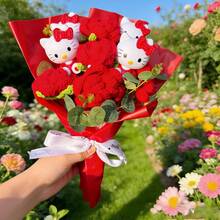 SANRIO 三丽鸥手工针织Hello Kitty花束，逼真仿真花，派对装饰，婚礼新娘捧花，送朋友的礼物，生日，圣诞节，情人节，母亲节礼物 - 彩色 - 查看 9