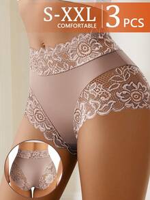 QUASTI 3-Pack Women's Mid-Waist Briefs Sexy Lace Print Design Comfortable Fit Skin-Friendly Breathable S-XXL Sizes Available - 彩色 - 查看 3