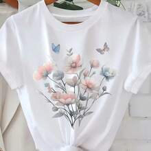 Women'S Floral Print T-Shirt - Soft Pink Short Sleeve Top with & Floral Design, Round Neck Casual Summer Blouse for Everyday & Formal Outfits - Blanco - Ver 6