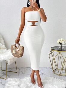 AIJ 女士性感镂空无肩带紧身连衣裙，饰有金属装饰细节，适合度假、休闲穿着、夏季派对等场合，尽显优雅气质。 - 象牙白色 - 查看 4