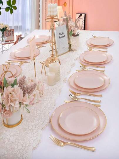 50/25/12/7/1pcs Pink Single Gold Rim Dinnerware Set, Food Tray, Fruit Salad Plate, Dinner Plate, Dessert Plate, Washable Salad Tableware, Reusable, Easy To Clean. Suitable For Wedding Decor, Christmas Decor, Birthday Party, Family Gathering, Outdoor Team Building, School, Restaurant And Kitchen Party Tableware, Household School Seasonal Gift