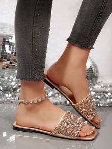 Women's Casual Crystal Embellished Solid Color Square Toe Slip-On Flat Sandals, Suitable For Beach, Spring/Summer - Champagne - View 5