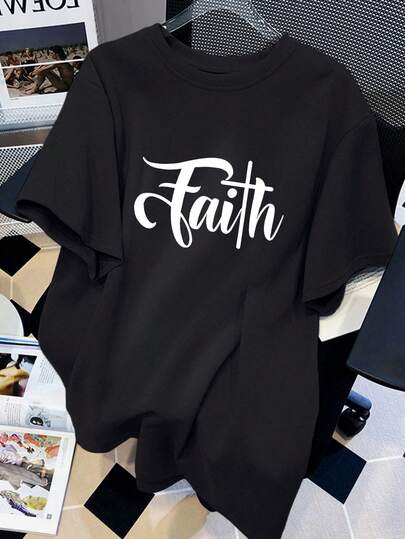 Plus Size Women's Letter Print Round Neck Short Sleeve Casual Loose Versatile T-Shirt, Suitable For Summer Vacation, Beach, Resort, Spring Wear; Graduation Tee; Back To School Outfit; Graduation Ceremony; Women Teachers' Outfit; Summer Family & Friends Outfit. Suitable For Daily Wear, Outings, Picnics, Holidays, Beach, Parties, Birthdays, Beach, Gatherings, Dances, School, Music Festivals, Vacations, Commuting, Fitness, Weddings, New Year, Spring Tops, Women's Summer Outfits, Women's Holiday Clothing Black