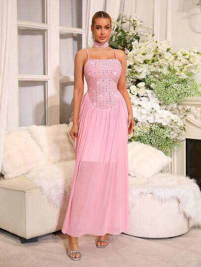 New Sexy Spaghetti Strap Sleeveless Rhinestone Decor Backless Fitted Splice Chiffon Maxi Dress, Fashion Party Formal Gown
