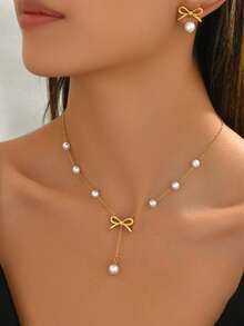 1 Set Elegant Stainless Steel Pearl Pendant Necklace & Earrings Set For Women, Cute Fashion Bowknot Pendant Jeweley Set For Women, Hypoallergenic Jewelry Gift For Wmen Daily Wear - Gold - View 3