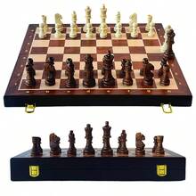 1 套国际象棋棋盘游戏，木制大型折叠国际象棋套装，大型优质折叠国际象棋套装，木制棋子，棋盘胡桃木色，内部储物盒，免费赠送 2 个额外皇后，适合国际象棋爱好者和游戏爱好者 - 彩色 - 查看 12