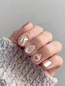 10片银色猫眼美甲贴纸，短方形美甲贴纸，夏季美甲，手工美甲贴纸，可爱樱桃美甲贴纸，短指甲，美甲用品，家居DIY美甲设计，全覆盖假指甲贴纸，人造指甲贴纸，适合女性和女孩，办公室日常佩戴假指甲，手工美甲贴纸 - 銀色 - 查看 1