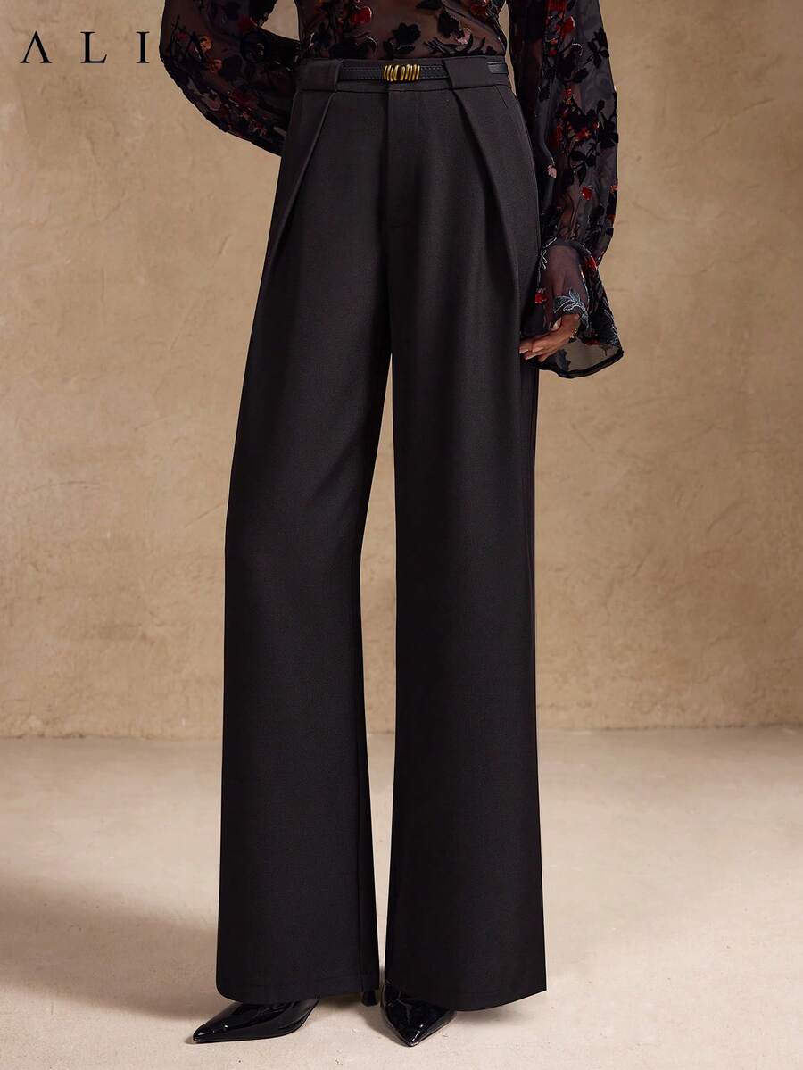 A&A minimalistische hochgeschnittene Taschen Maxi Gerade Hose, Gerichtsart, auffallende Outfits, Halloween, Business Lässig Frau, Valentinstag Outfit, elegante Damen - Schwarz - Übersicht 1