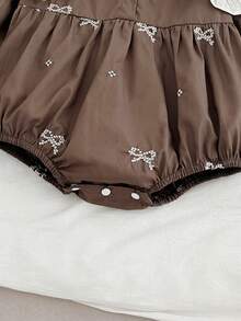Newborn Baby Girl Floral Embroidered Butterfly Collar Long Sleeve Bodysuit, Spring/Autumn - Brown - View 5