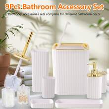 9-Piece Set Of Gold Bathroom Accessories, White Bathroom Accessory Set, Equipped With Toothbrush Holder, Mouthwash Cup, Soap Dispensing Bottle, Tray, Soap Box, Press Open Trash Can, Toilet Brush Home Bathroom Decor Bathroom Accessories Bathroom Organizer Summer Back To School - 金色 - 查看 3