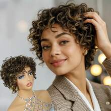 P4/27 高光精灵短发真人发假发，带刘海，卷曲波浪发型，6英寸/15.24厘米层次水波纹发型，180%密度巴西原生发，无胶假发，完美适合日常佩戴、派对、圣诞节和节日庆典。