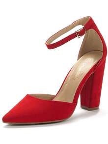 Women's Chunky Block Ankle Strap High Heels, Coco Pointed Closed Toe Pumps For Banquet & Office - 紅色 - View 4