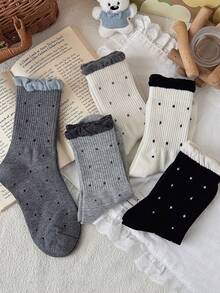 5 Pairs Women's Fashion Sweet Bubble Mouth Minimalist Polka Dot JK Style Comfortable Breathable Mid-Calf Socks - Multicolor - View 4