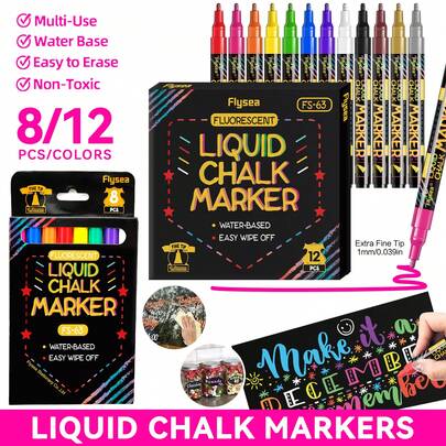 8/12 Colors Erasable Felt Tip Pens, 1mm Super Fine Tip, Washable & Wet Erase Highlighters, Smooth Writing On Chalkboards, Whiteboards, Glass, Ideal For Classroom Use, Back To School Essential