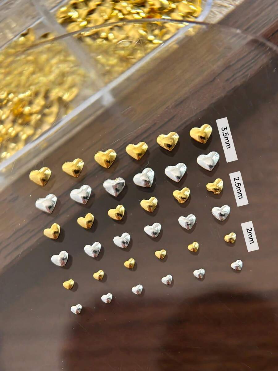 6件心形铆钉美甲装饰,金银混合迷你心形金属片美甲配件 - 彩色 - 查看 1