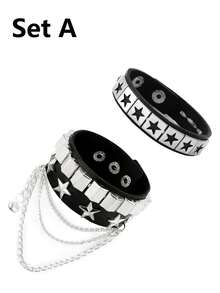 1/2/3件套朋克摇滚铆钉骷髅星形手链套装，尖刺铆钉袖口手链，PU皮套摩托车链手链，男女通用80、90年代腕带，链条手链，黑色哥特蒸汽朋克风格，可调节，时尚复古配饰，万圣节派对礼物 - 銀黑色 - 查看 18