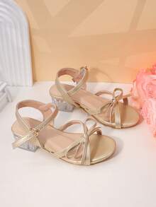 新品上市！女童金色亮片高跟凉鞋，透明方跟公主鞋，防滑鞋带 - 金色 - 查看 4