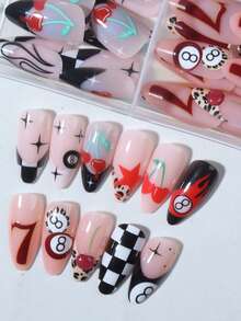Bộ 96 móng giả acrylic kiểu Pháp hình quả hạnh dài, họa tiết số 8, da báo, ngọn lửa, sọc, quả anh đào và ngôi sao, vừa vặn hoàn hảo cho móng ngắn, thiết kế ngôi sao lấp lánh và mùa thu cho tiệc tùng, khiêu vũ và sử dụng hàng ngày. - Nhiều màu - Xem 4