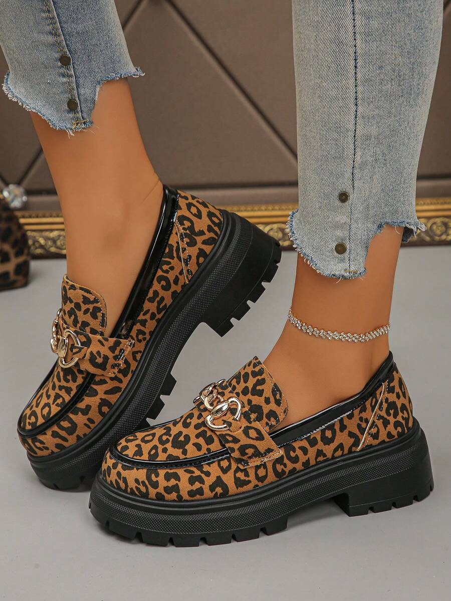 Women's Leopard Print Chunky Platform Slip-On Loafers, Casual Elegant Preppy Style, Pure Metal Decor, Comfortable & Versatile Fashion Shoes - Brown - View 1