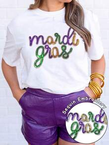 White Sequin Gras Carnival Blouse, Casual Women's Round Neck Short Sleeve T-Shirt - White - View 1