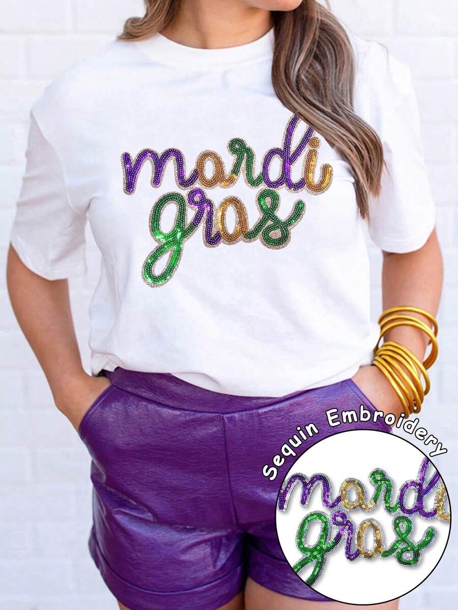 White Sequin Gras Carnival Blouse, Casual Women's Round Neck Short Sleeve T-Shirt - White - View 1