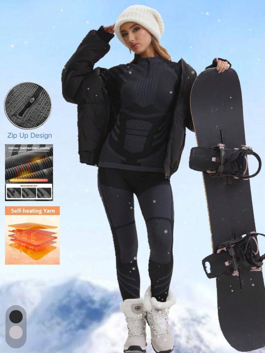 ATTRACO 女士纯色无缝半拉链圆领长袖上衣滑雪保暖瑜伽单板滑雪服，冬季服装黑色运动款 - 黑色 - 查看 1