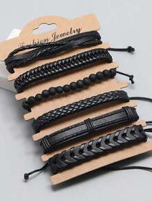 6PCs Vintage Black Woven Leather Bracelet DIY Combination Set For Men - Black - 查看 2
