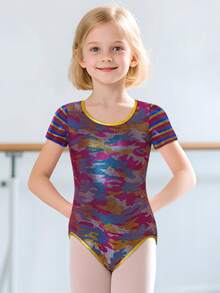 Girls' Camouflage Print Gymnastics Leotard, Children Short Sleeve One-Piece Snug Fit Jumpsuit - Coral Orange - View 1
