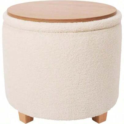 MU:4LIFE Taburete Otomano de Tela Teddy con Asiento Acolchado y Tapa de MDF como Mesa Auxiliar Reposapiés con Baúl de Alenaje para Sala y Recámara Tela Teddy Blanco
