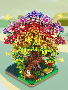 2008片樱花树屋/彩虹树屋DIY创意积木微粒拼装玩具套装，室内家居装饰，桌面摆件，生日/万圣节/圣诞节礼物 - 粉色 - 查看 10