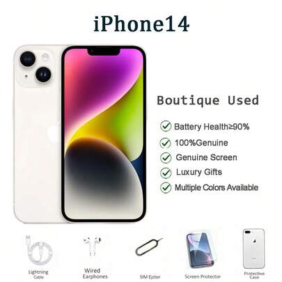  iPhone 14 de Apple reacondicionado de grado A, en múltiples colores, incluye cable de carga, auriculares, funda para el teléfono, protector de pantalla y herramienta expulsora de SIM