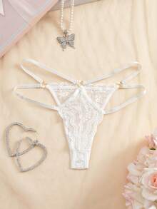 1件装女士纯色蕾丝性感丁字裤 - 白色 - 查看 3