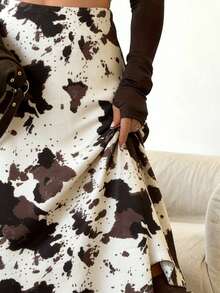 欧美时尚优雅女士动物纹印花棕色奶牛图案半身裙，街头风尚，适合日常通勤和购物，四季皆宜，春夏度假必备单品 - 白色 - 查看 4