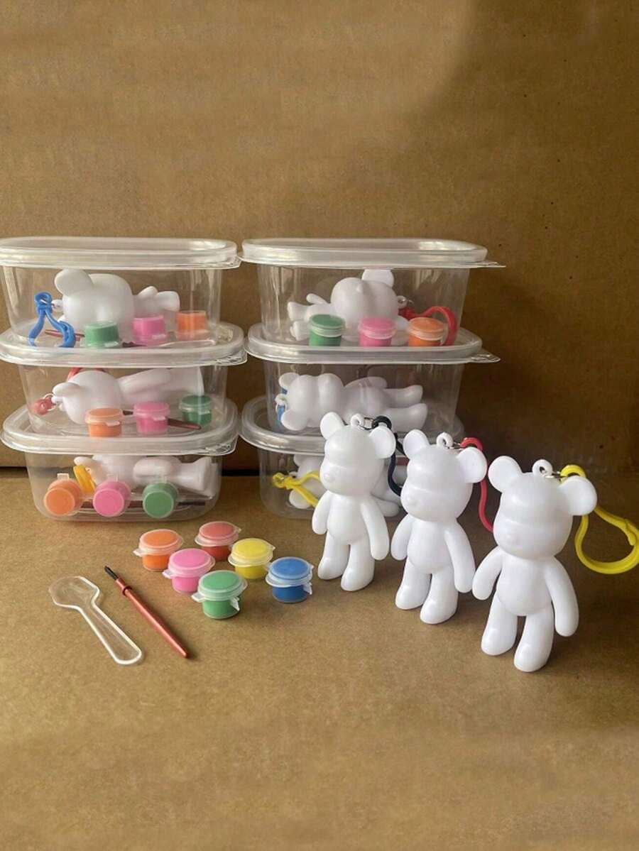 1pc Fluid Bear Painted Keychain Creative DIY White Blank Boxed Graffiti Pendant, Funny Party Supplies Birthday Gift