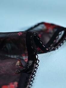 5pcs Women's Thong Panties - Black Solid, Sexy Red Floral, Waist Ruched Ruffle Trim - Black - View 6