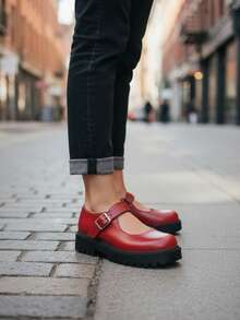Thick-Soled Mary Jane Shoes Are The Perfect Blend Of Urban Style And Everyday Comfort. Niko Amore Preppy Buckle Office - 酒紅色 - 查看 1