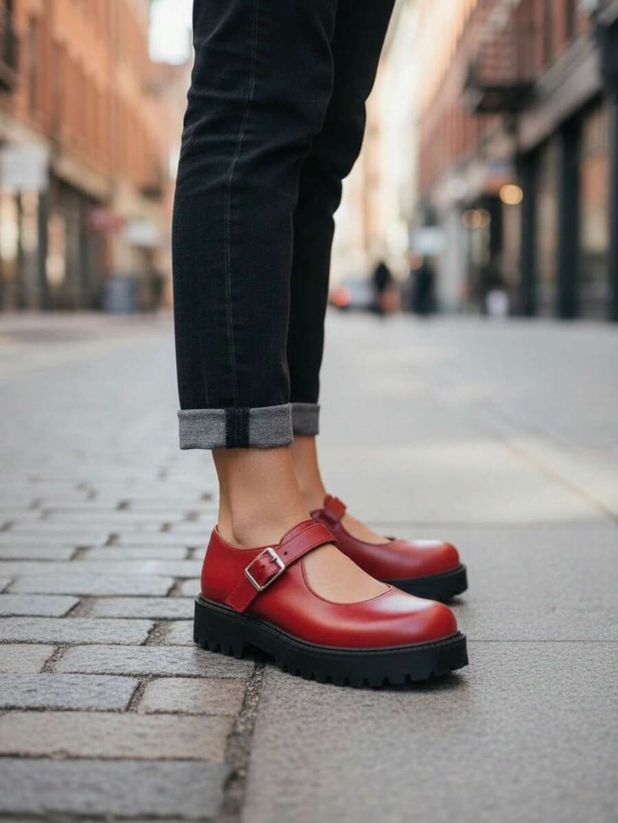 Thick-Soled Mary Jane Shoes Are The Perfect Blend Of Urban Style And Everyday Comfort. Niko Amore Preppy Buckle Office - 酒紅色 - 查看 1
